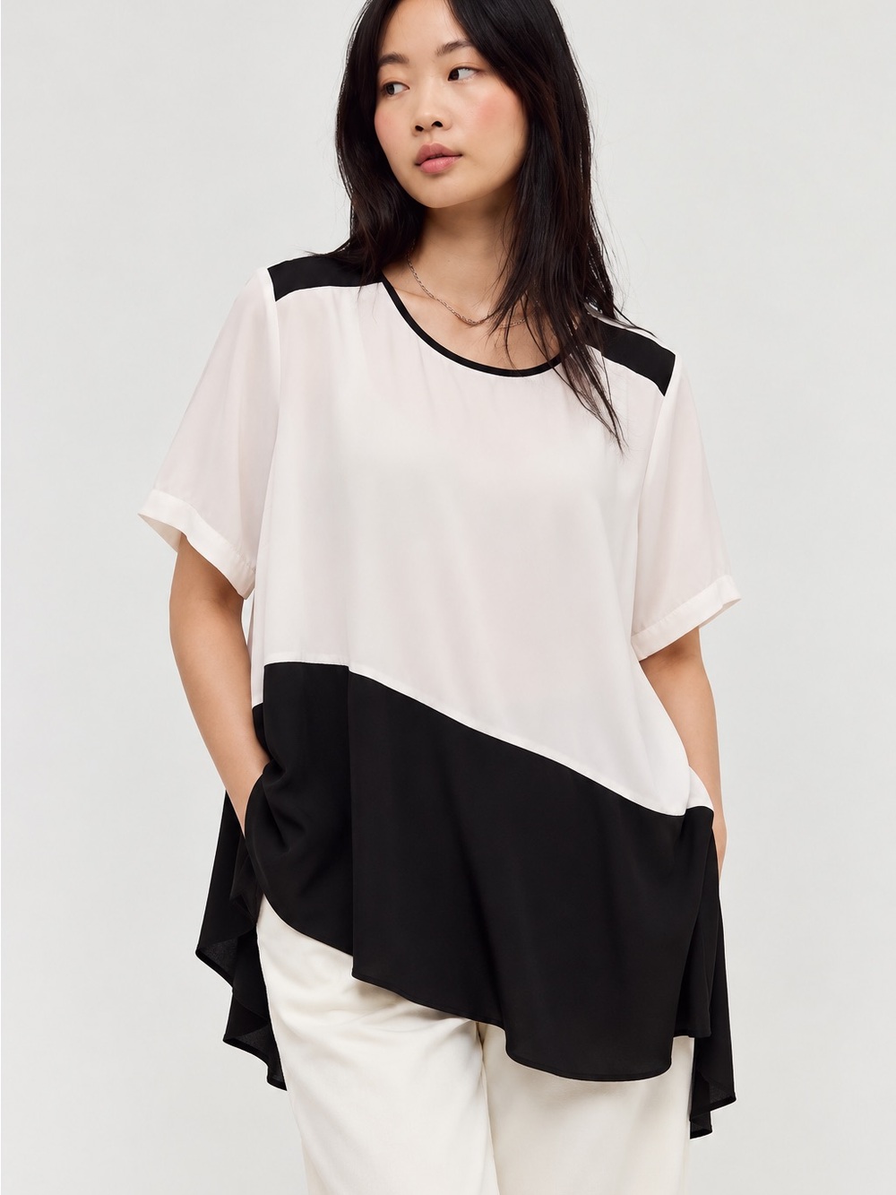 203. Two-Tone Black and White Flowing Women's Top